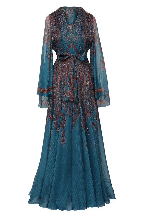 Etro Aqua Paisley V Neck Maxi Dress
