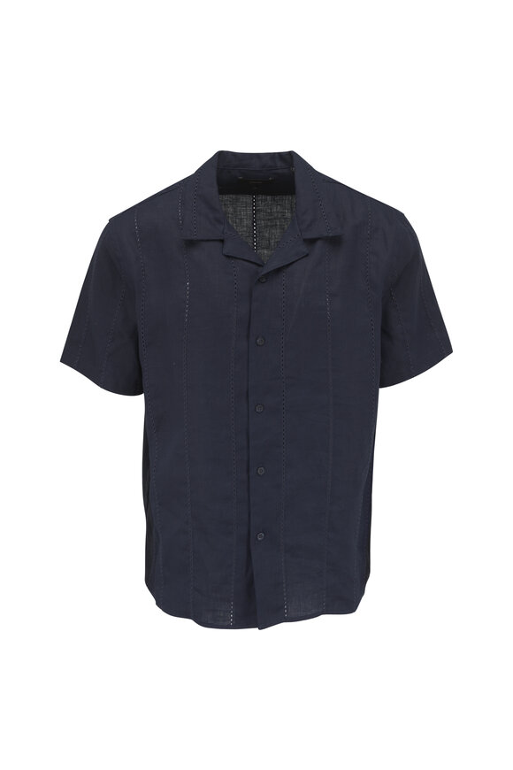 Vince Coastal Blue Eyelet Stripe Linen Cabana Shirt