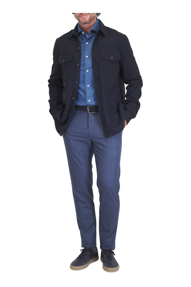 Designer outfit featuring Navy Blue Knit Cashmere Overshirt, Blue Evo Cashmere Plaid Pant and 2 other pieces