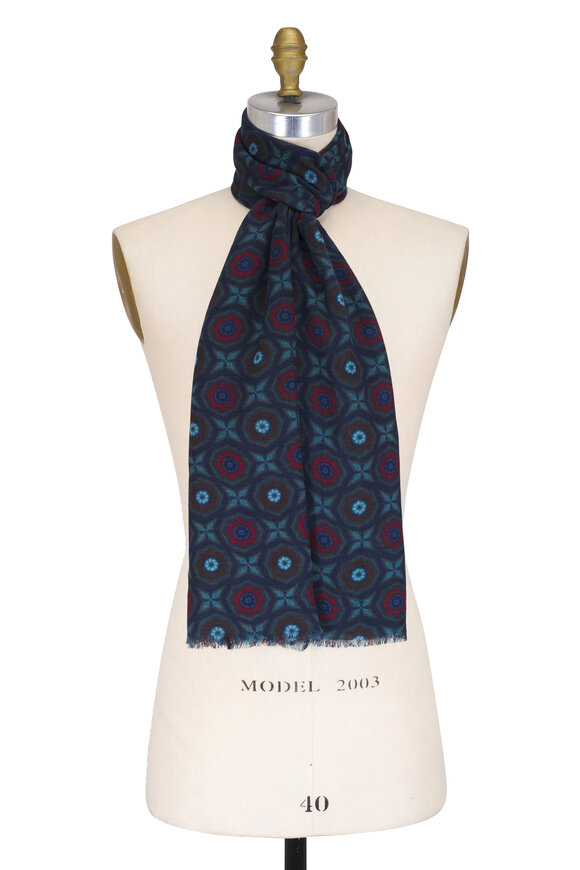 Chelsey Imports Navy & Red Print Lightweight Wool Scarf