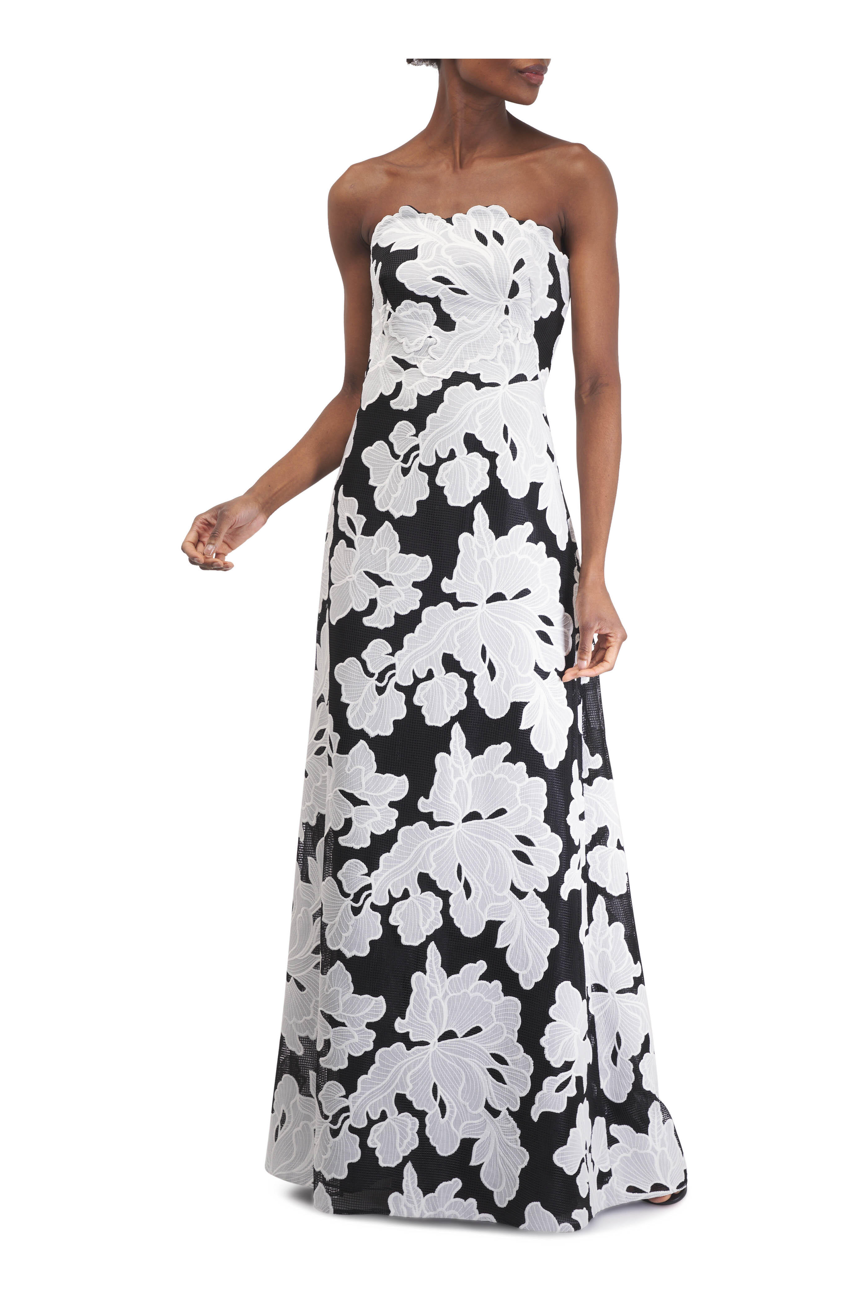 Lela Rose - Ivory & Black Floral Strapless Gown
