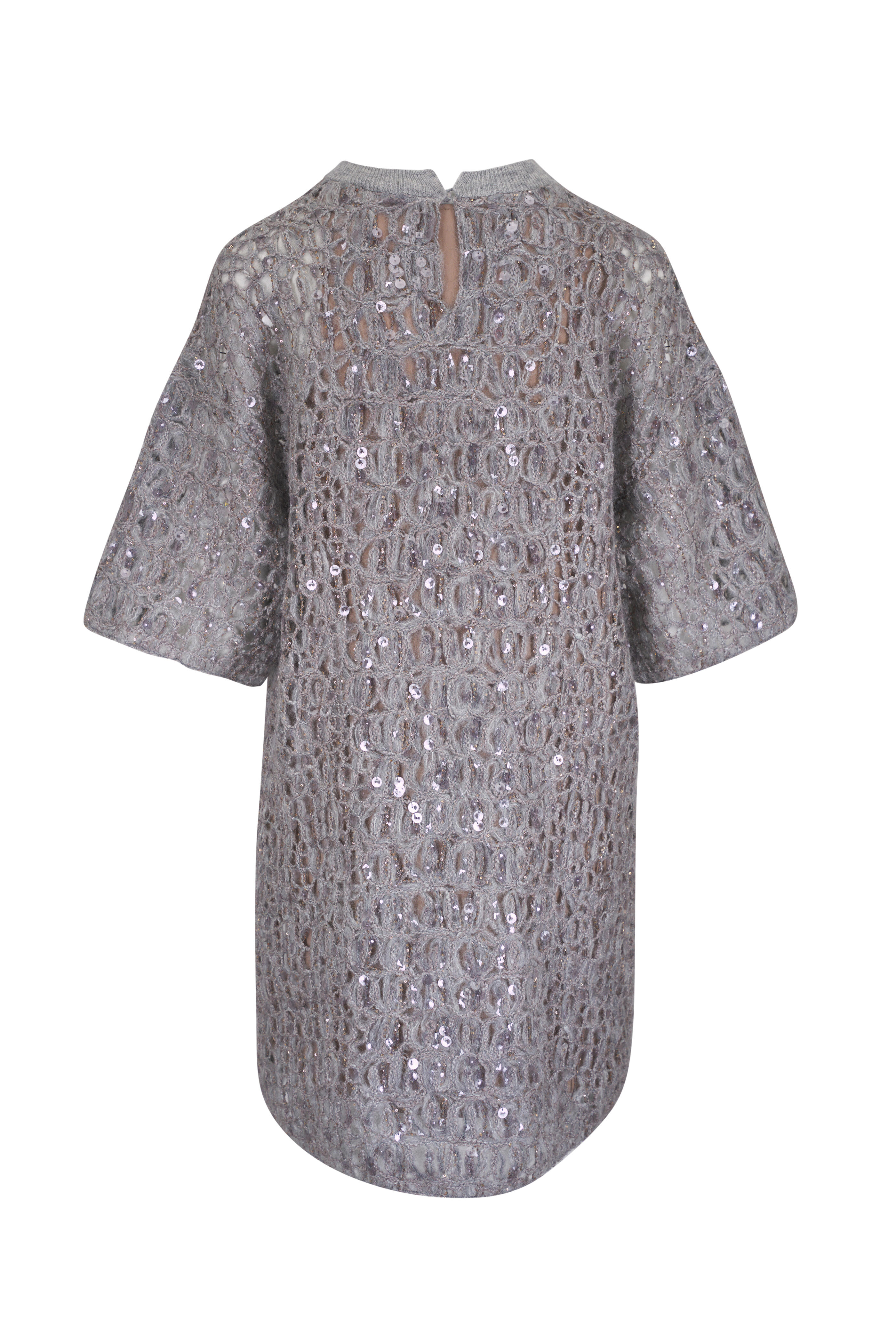Brunello Cucinelli - Light Gray Sequin Embellished Open Knit Dress