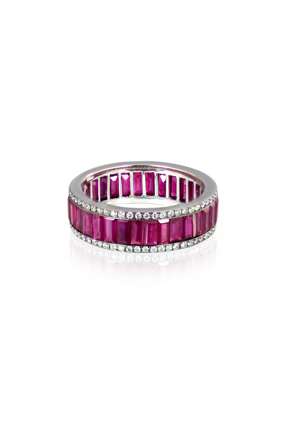 Nam Cho 18k White Gold Ruby Baguette Diamond Eternity Ring - view 1