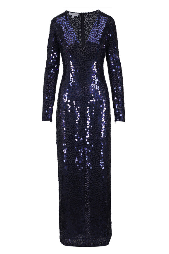 Michael Kors Collection Midnight Mirror Embroidered V-Neck Column Gown