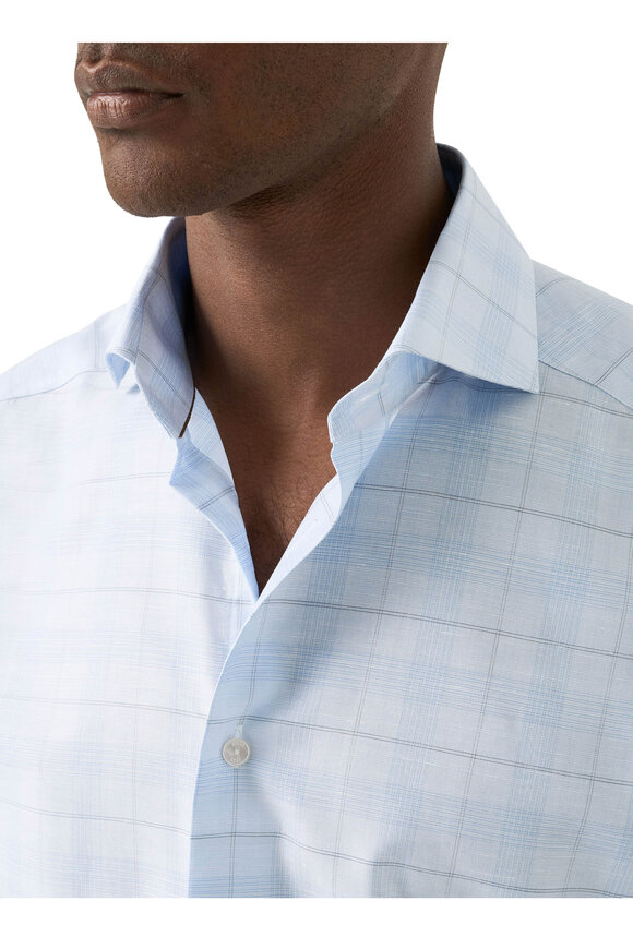 Eton Light Blue Plaid Cotton & Linen Dress Shirt - view 4