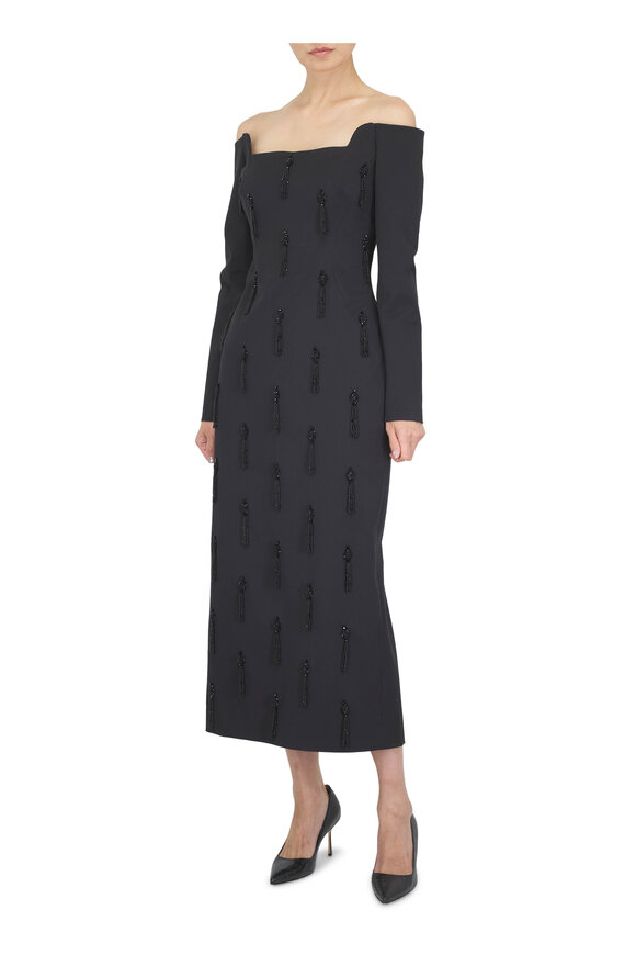 Lela Rose Black Tassel Embroidered Off-The-Shoulder Dress - view 2