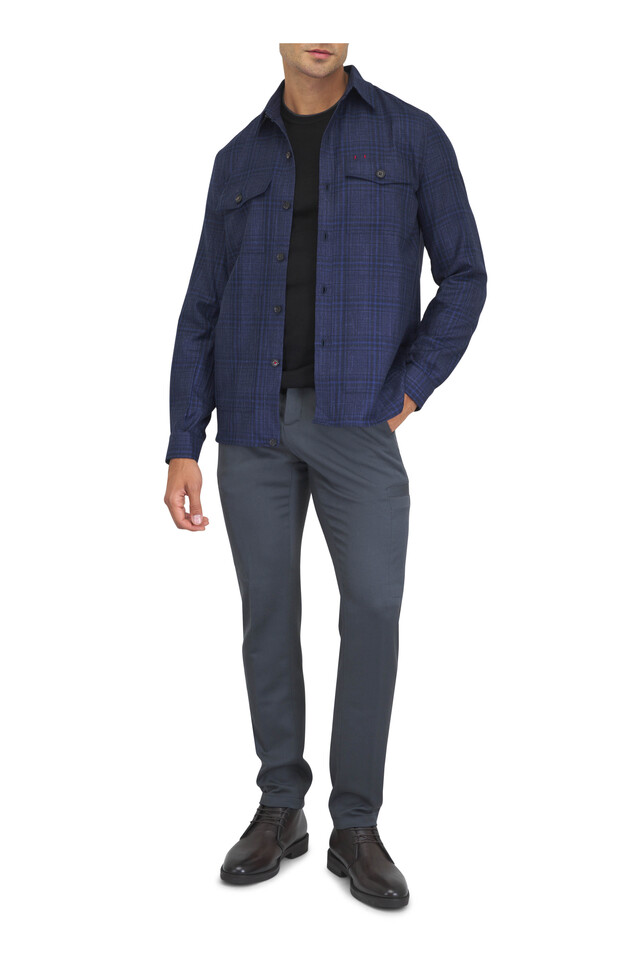 Designer outfit featuring Metis Dark Gray Stretch Wool Cargo Pant, Navy Blue Plaid Wool, Cashmere & Silk Overshirt and 2 other pieces