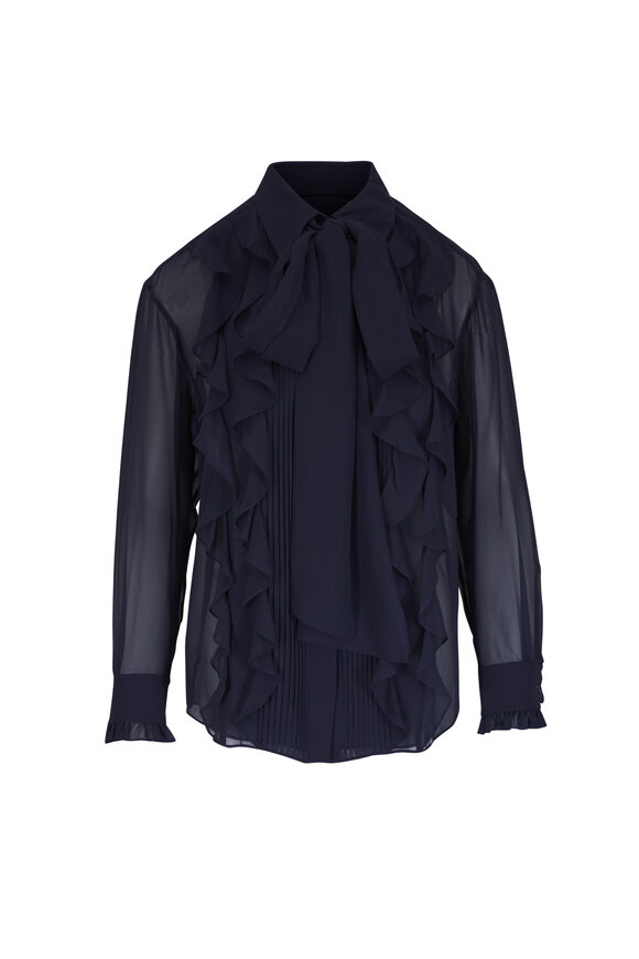 Lafayette 148 New York Ink Silk Georgette Ruffle Row Blouse