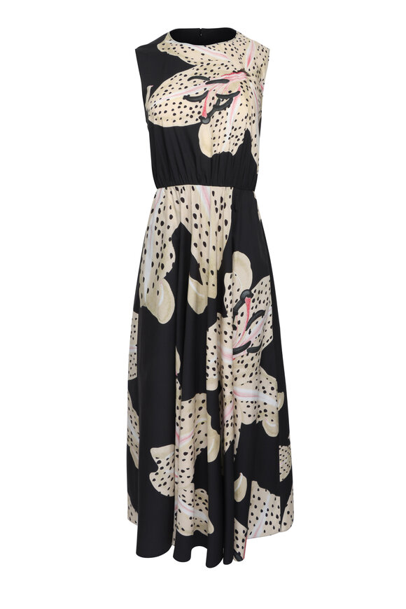Giambattista Valli Black Micro Lilies Sleeveless Midi Dress