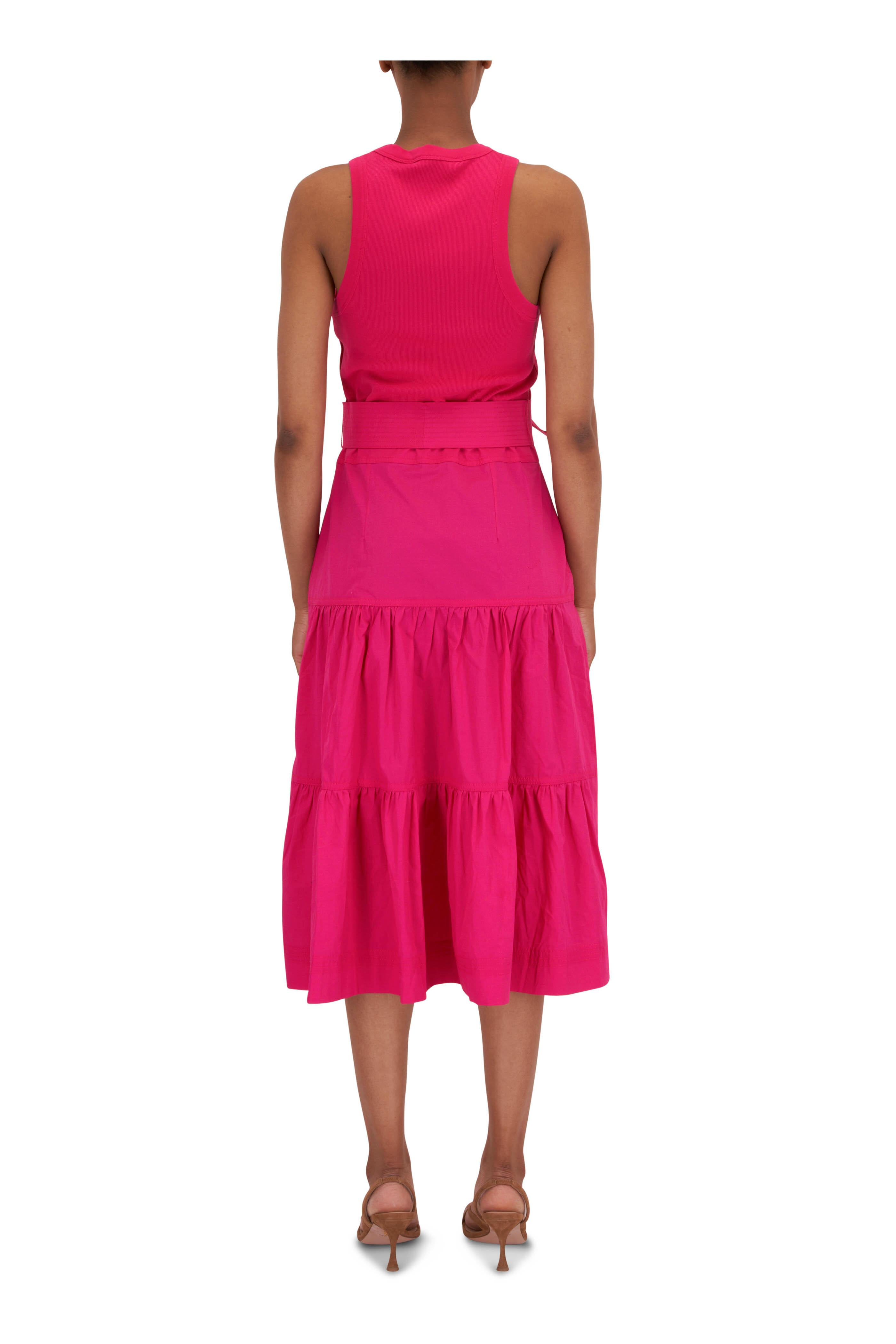 Veronica Beard Austyn Fuchsia Tiered Belted Midi Dress