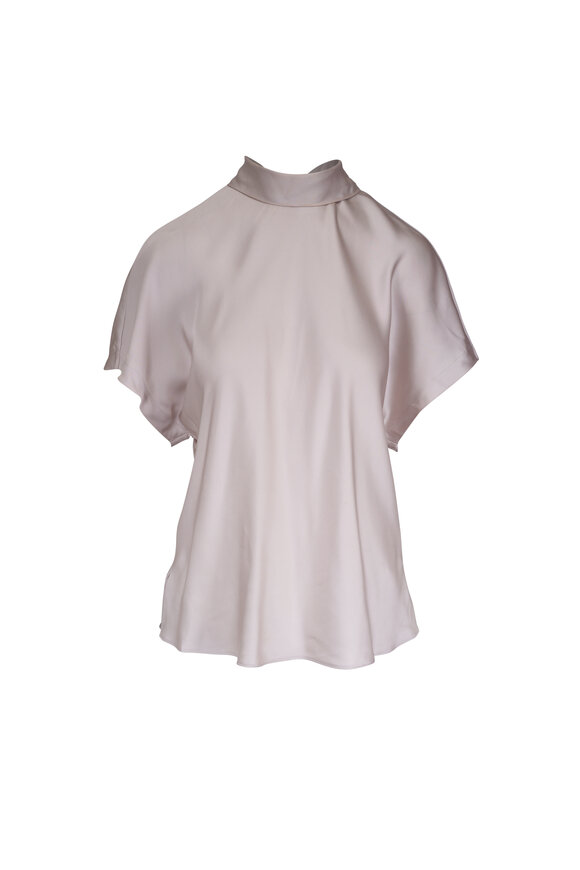 Brunello Cucinelli Pearl Gray Silk Draped Neck Blouse - view 1