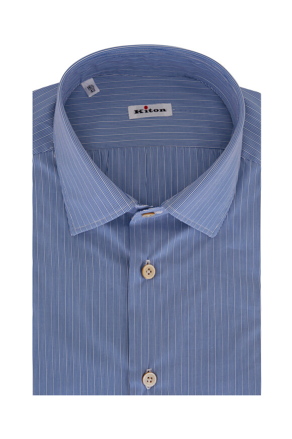 Kiton Blue & White Stripe Cotton Dress Shirt 