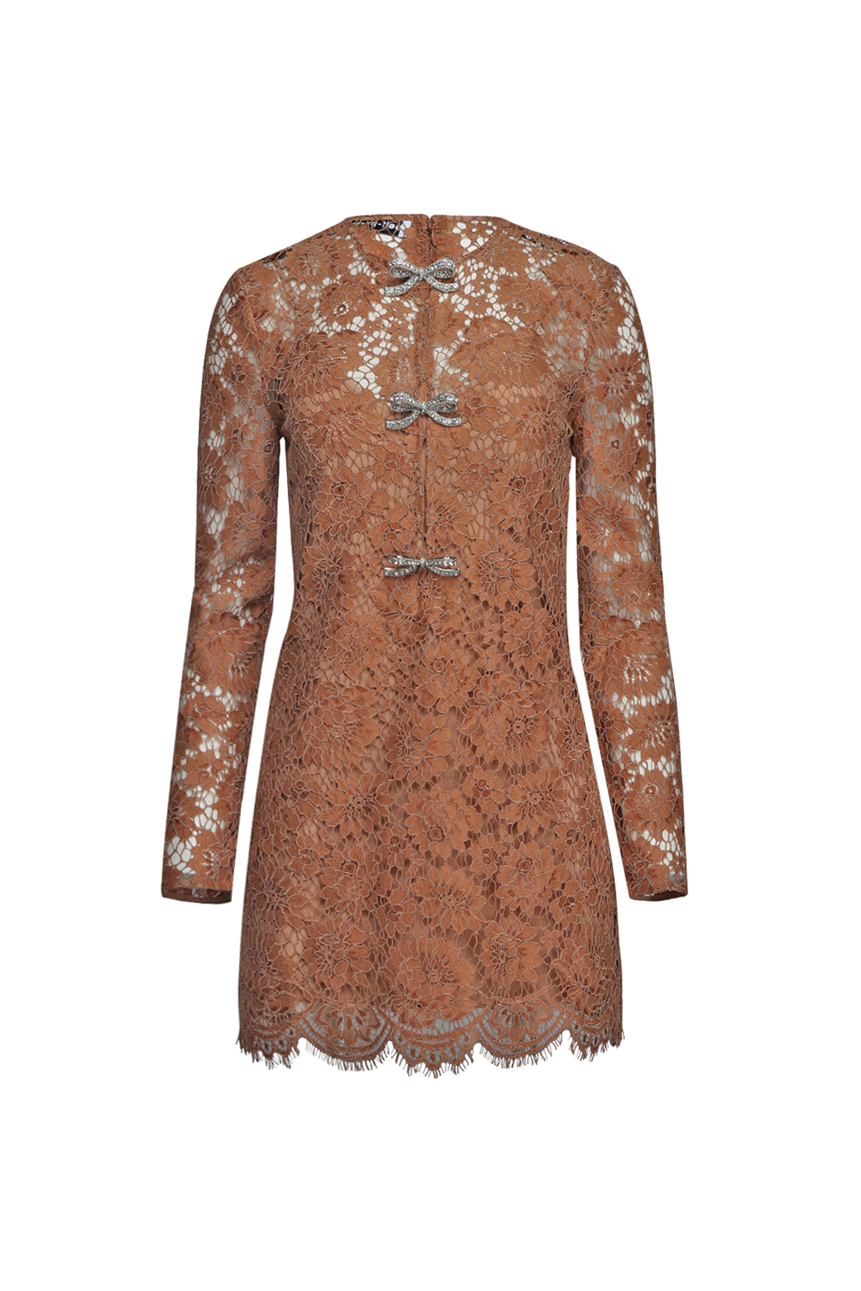 Self - Portrait - Tan Lace Bow Broach Mini Dress