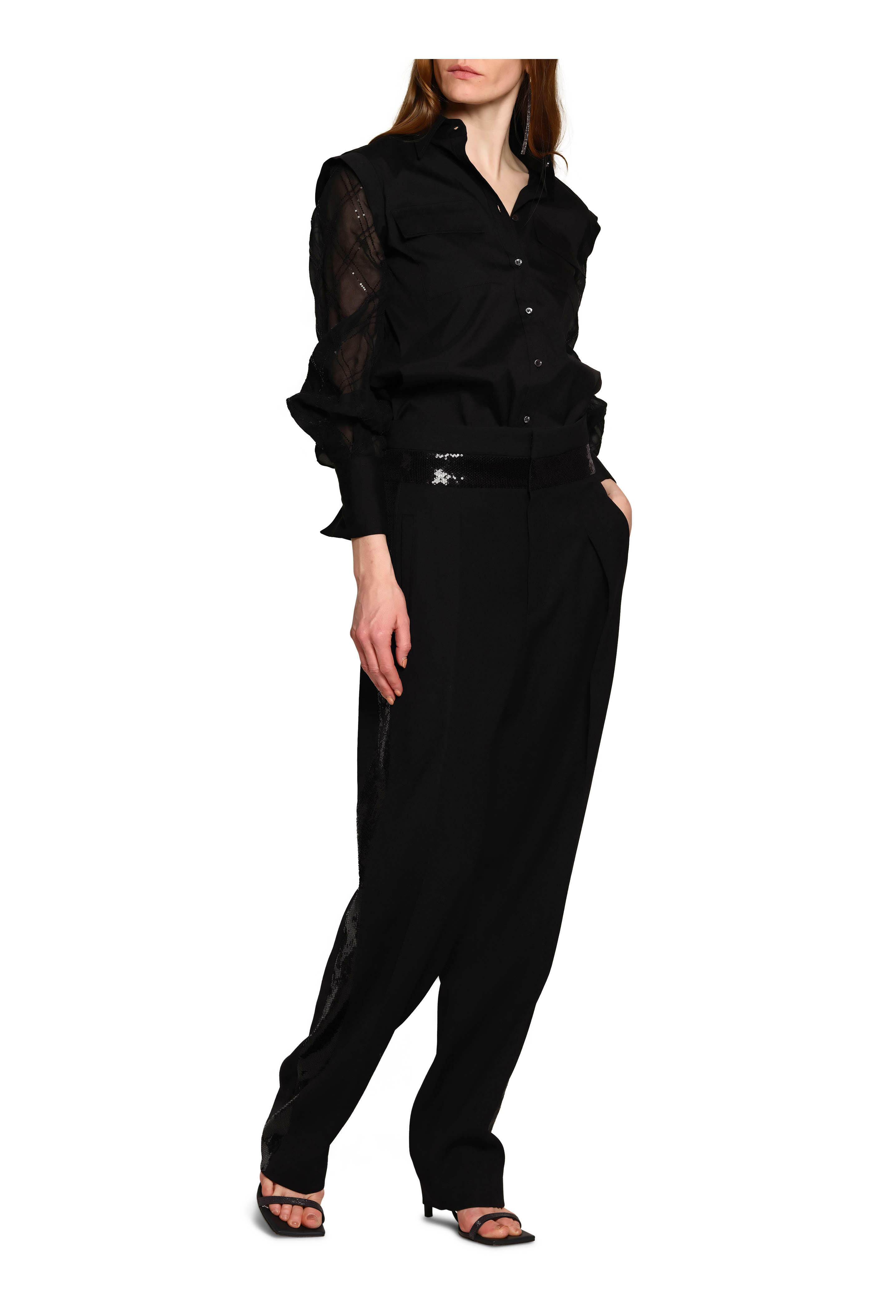 Brunello Cucinelli - Black High-Waisted Sequin Pleated Tuxedo Pant