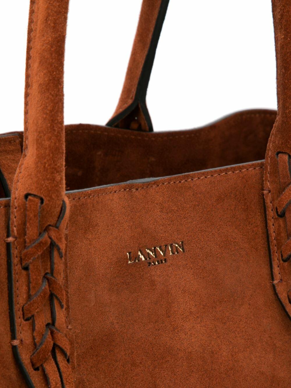 LANVIN Medium Brown Suede Braided Fringe Gold Logo Embossed Tote Bag