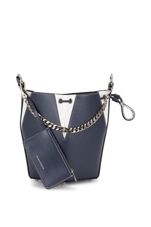 McQueen - Navy Blue & White Leather Small The Bucket Bag
