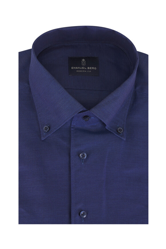 Emanuel Berg Dark Blue Cotton & Linen Dress Shirt