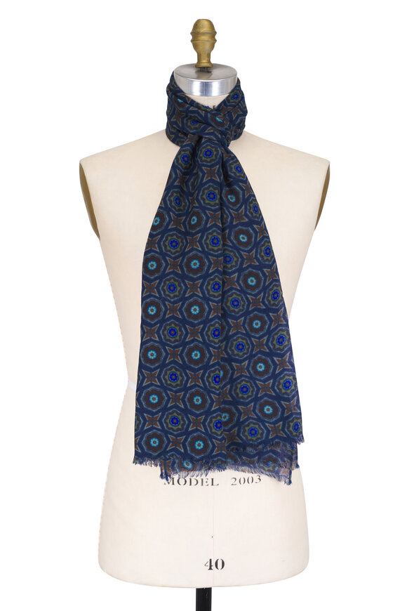 Chelsey Imports Navy & Olive Lightweight Wool Print Scarf