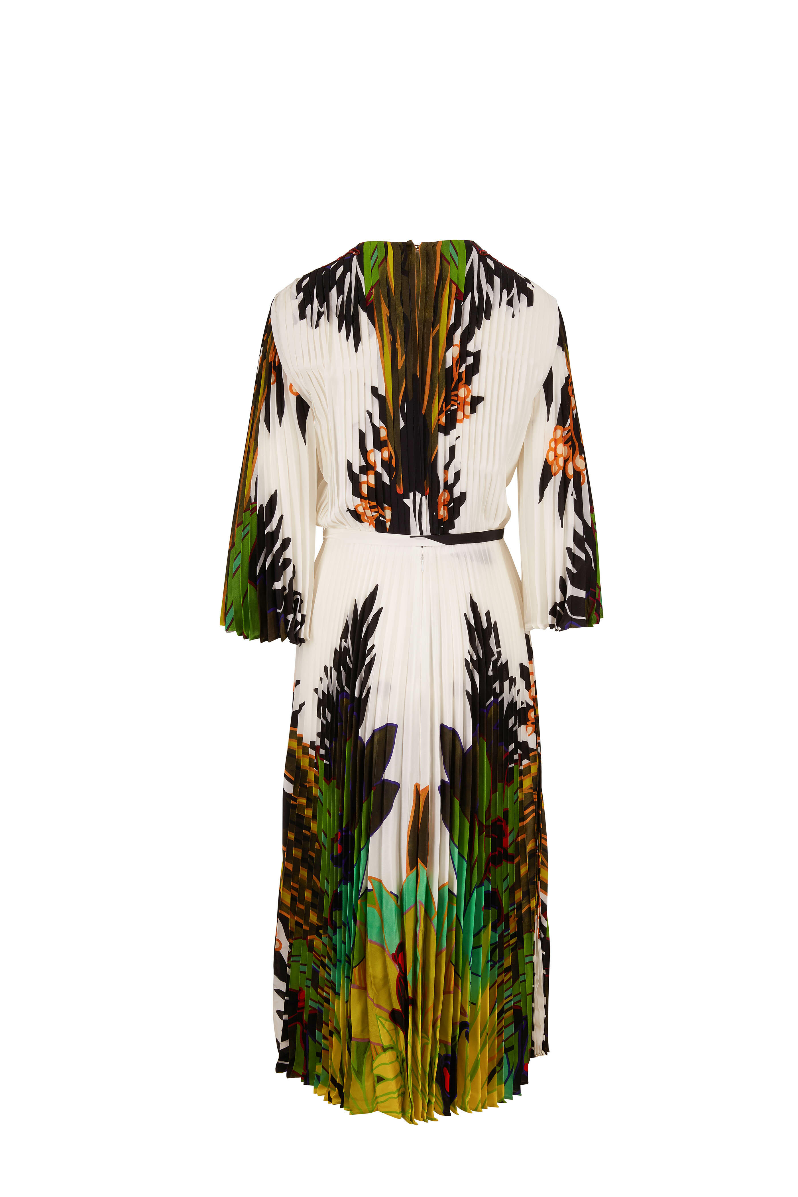 Valentino - Green & White Crepe De Chine Printed Pleated Dress