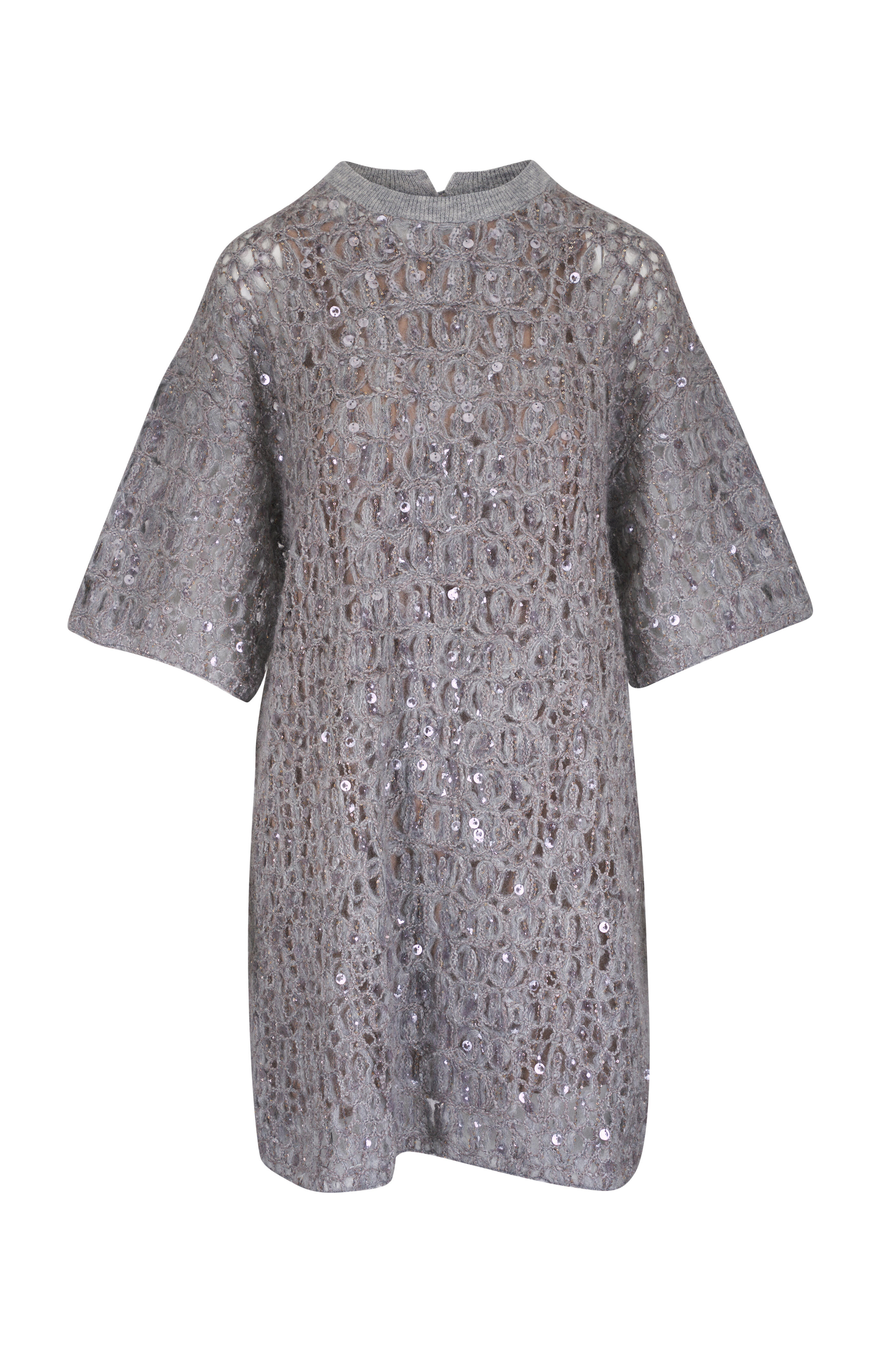Brunello Cucinelli - Light Gray Sequin Embellished Open Knit Dress