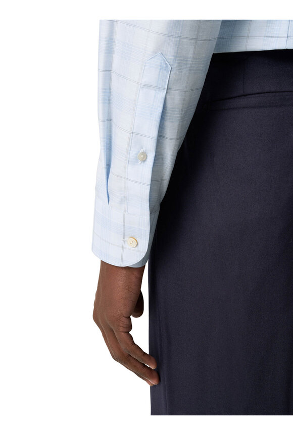 Eton Light Blue Plaid Cotton & Linen Dress Shirt - view 5