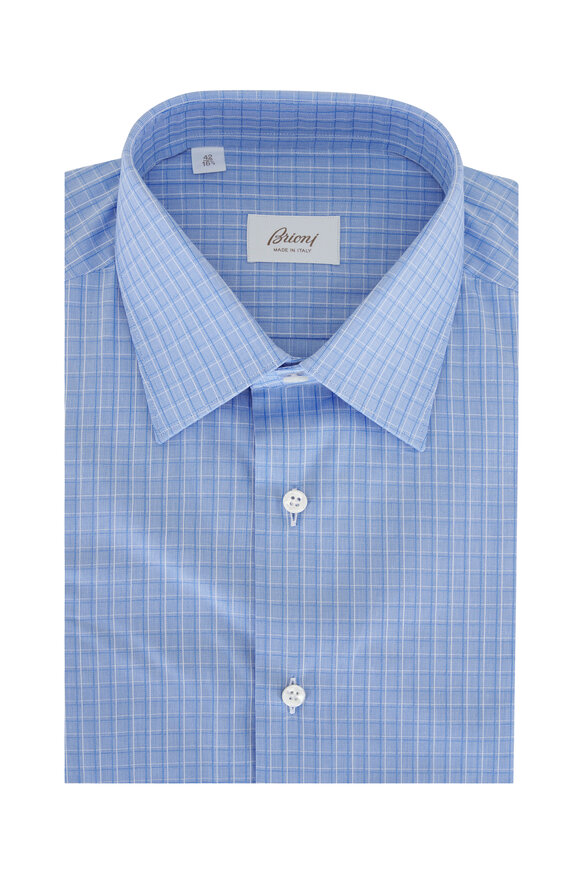 Brioni Blue Check Cotton Dress Shirt