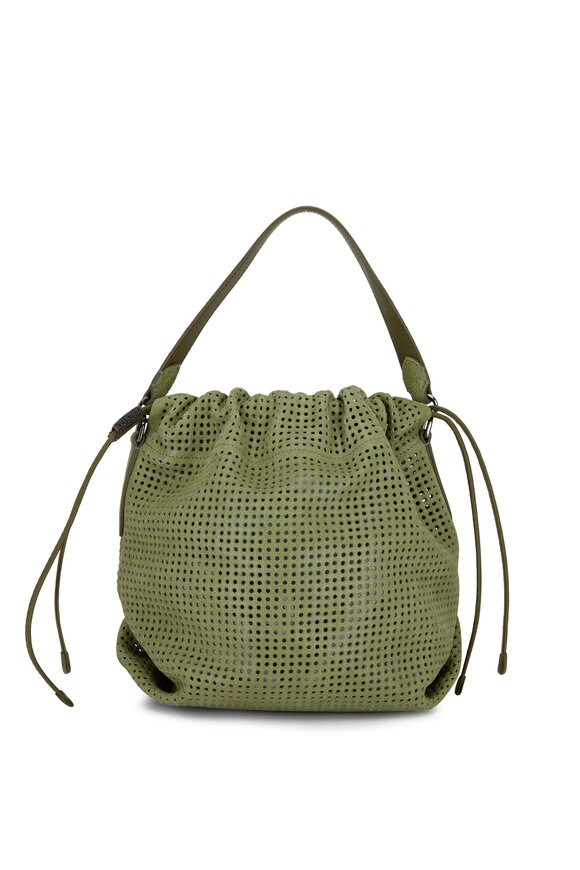 Brunello Cucinelli - Bamboo Perforated Suede Bucket Bag