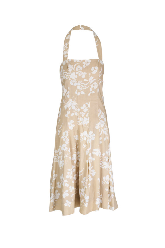 Veronica Beard Amalia Khaki & White Floral Print Halter Dress