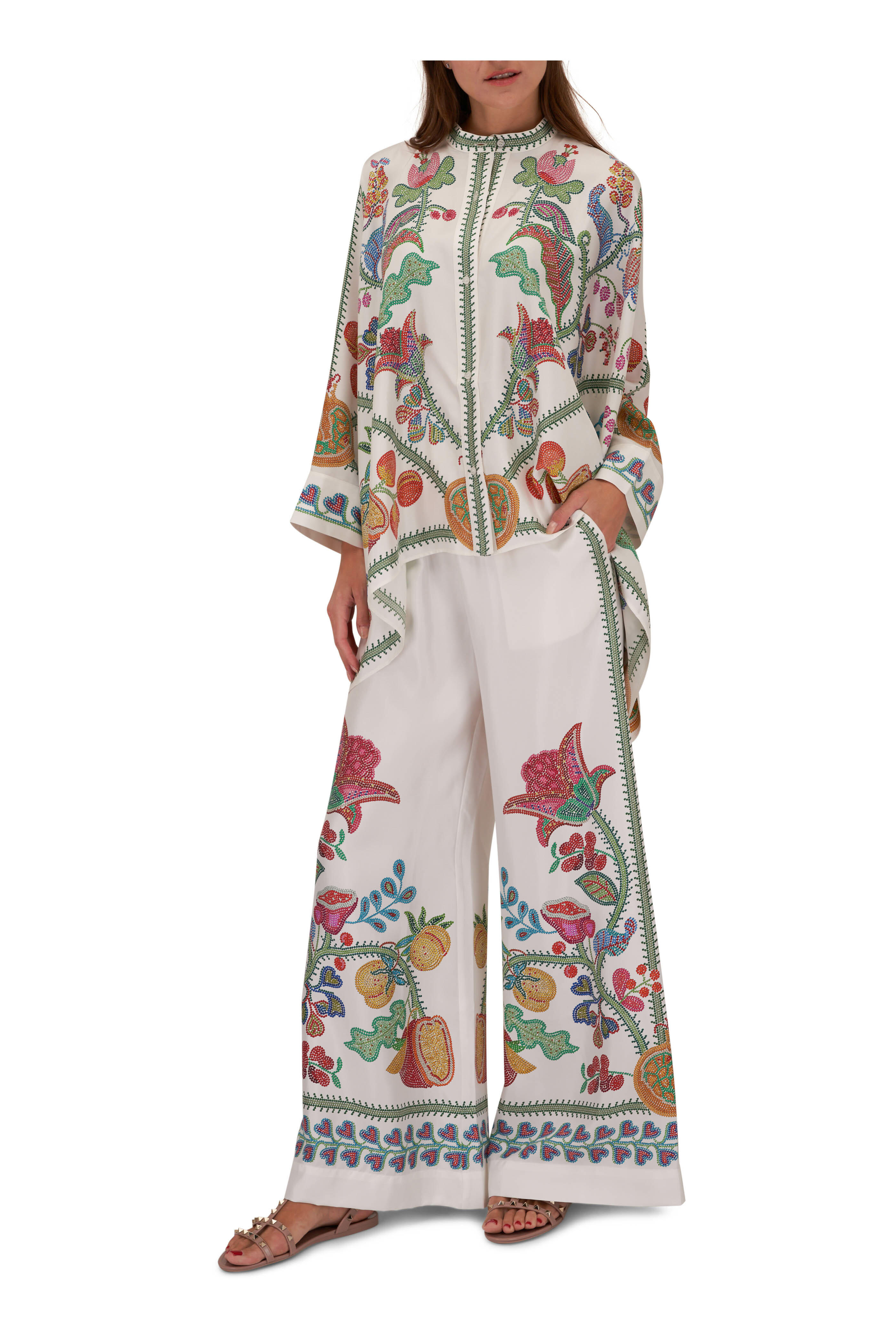 La Double J - Palazzo Off White Floral Print Wide Leg Silk Pant
