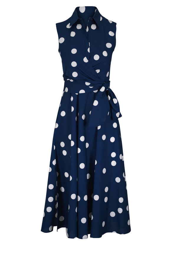 Akris Punto Blue & Cream Polka Dot Cotton Poplin Midi Dress