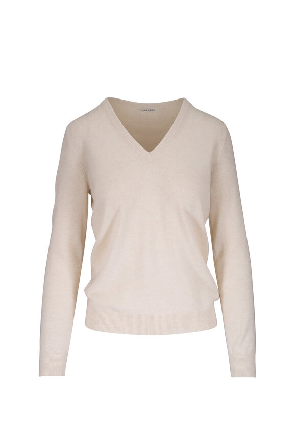 Brunello Cucinelli Beige Cashmere V-Neck Sweater