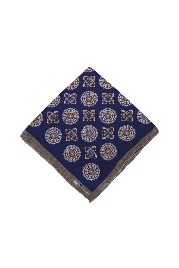 Kiton Navy & Gray Medallion Print Silk Pocket Square