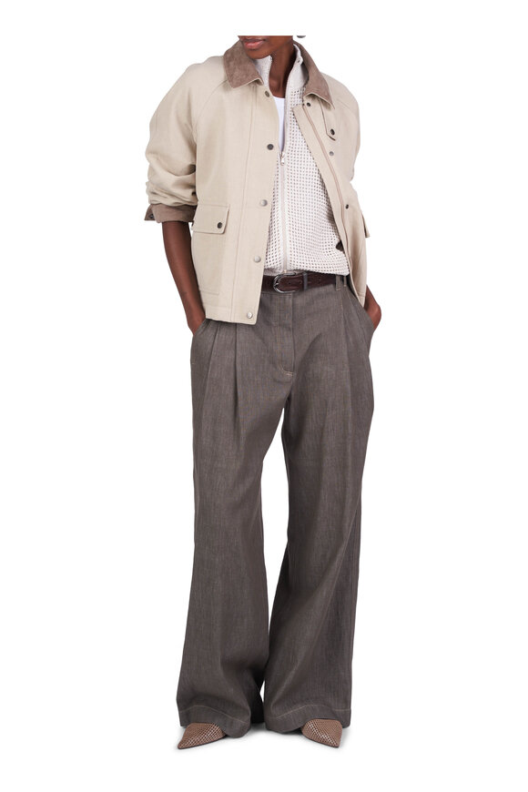 Brunello Cucinelli Olive Denim-Effect Cotton Twill Wide Smart Pant - view 5