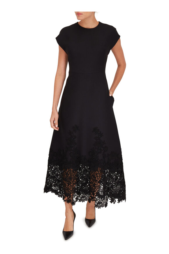 Valentino - Black Embroidered Lace Hem Cap Sleeve Dress