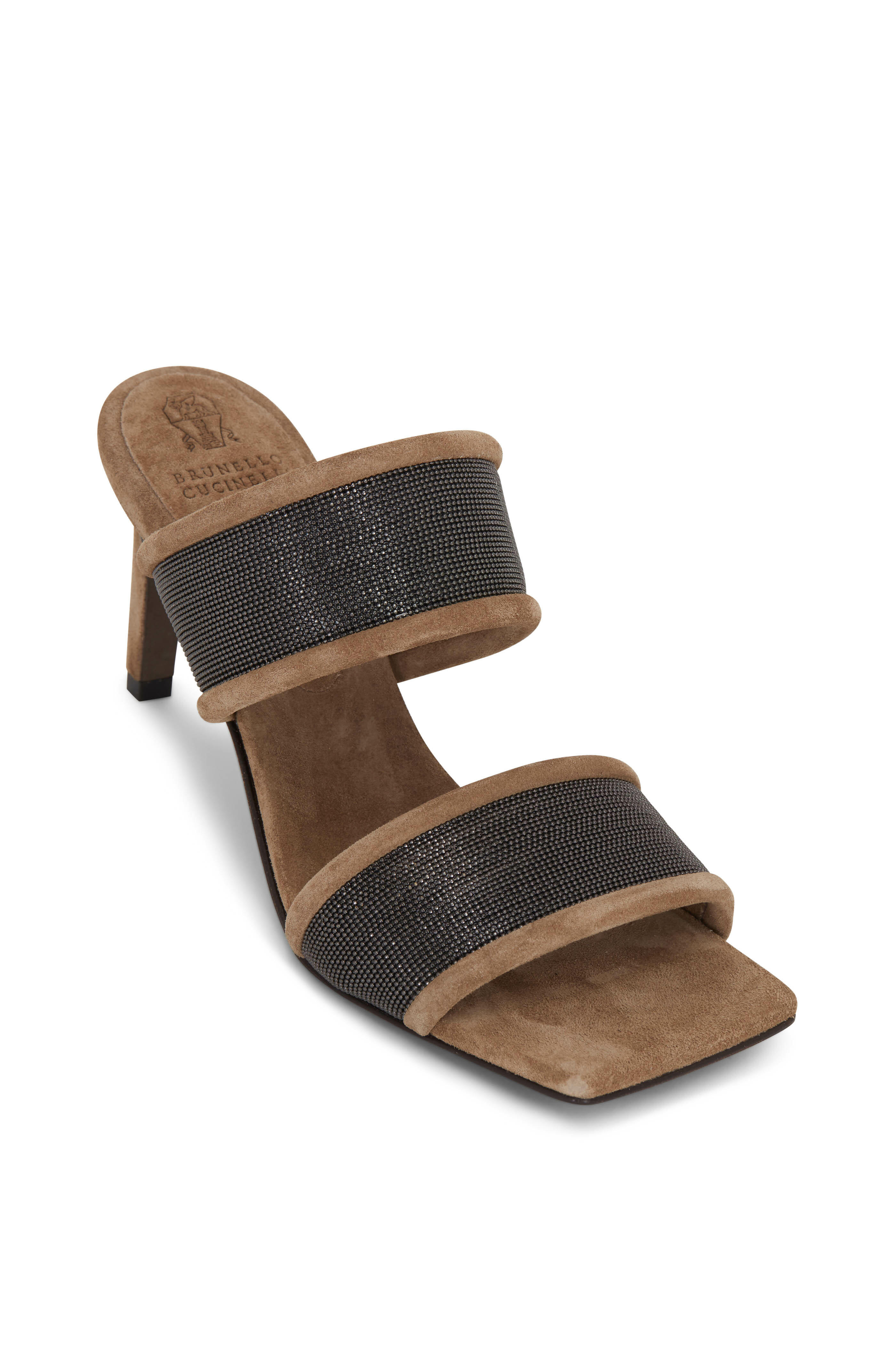 Brunello Cucinelli - Brown Suede & Monili Two Band Slide, 80mm