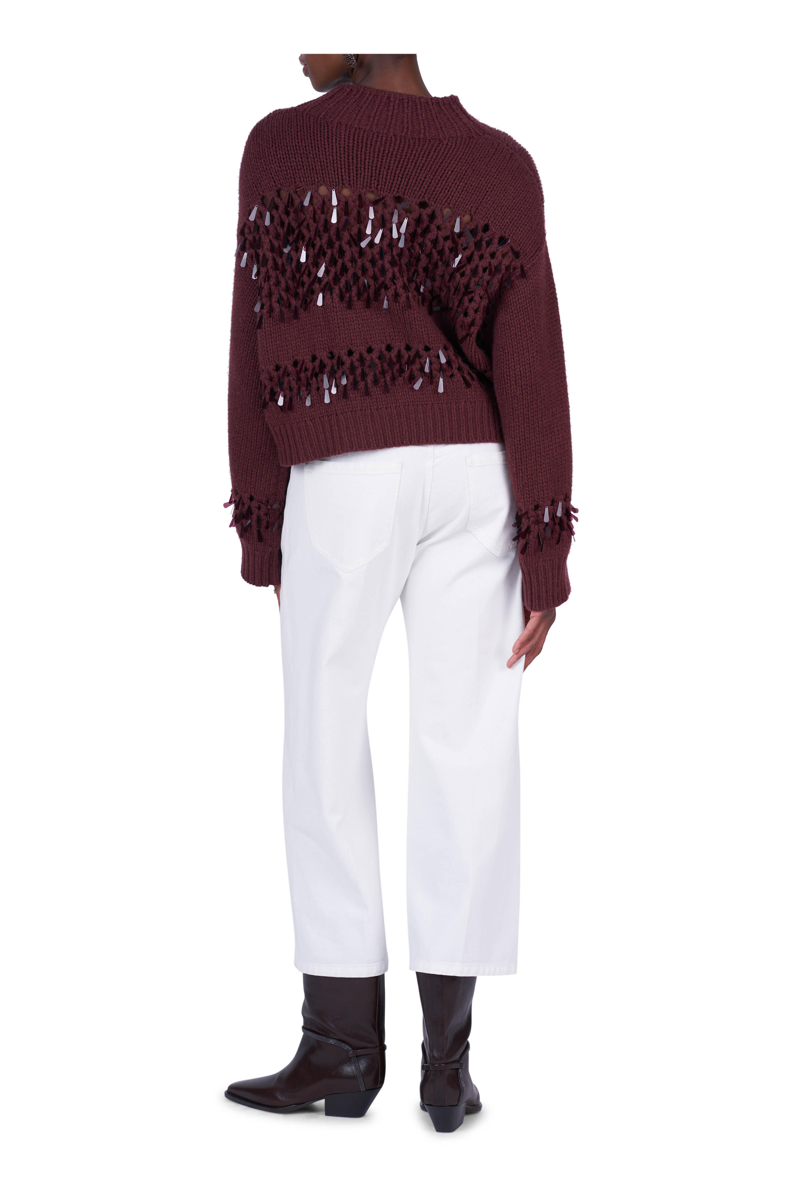 Brunello Cucinelli - Burgundy Cashmere Drop Paillette Knit Sweater
