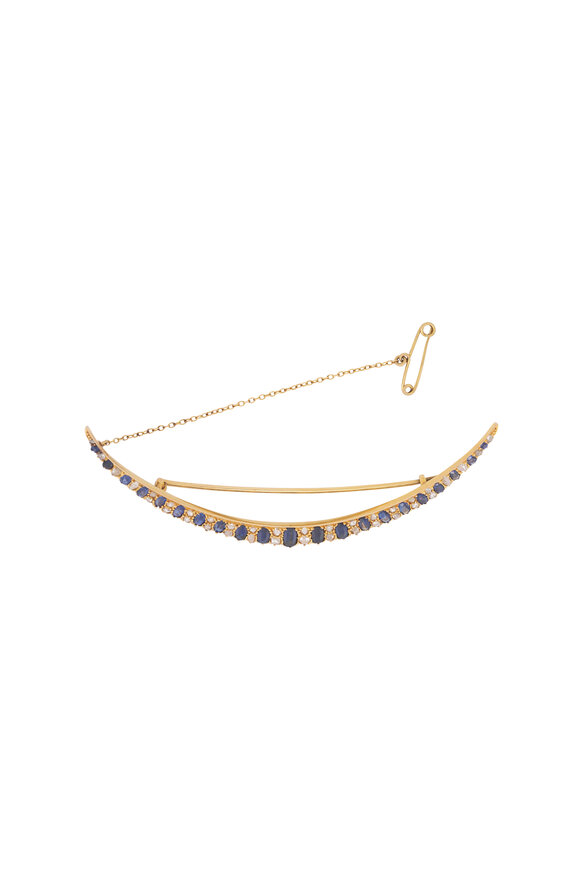 Renee Lewis 18k Yellow Gold Diamond & Sapphire Crescent Brooch