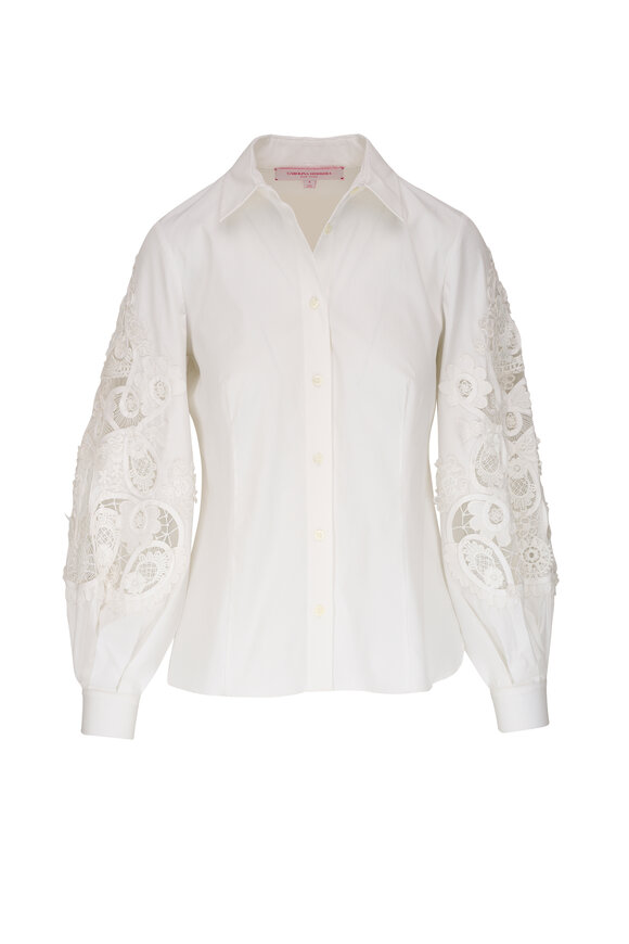 Carolina Herrera - White Cotton Embellished Lace Puff Sleeve Blouse 