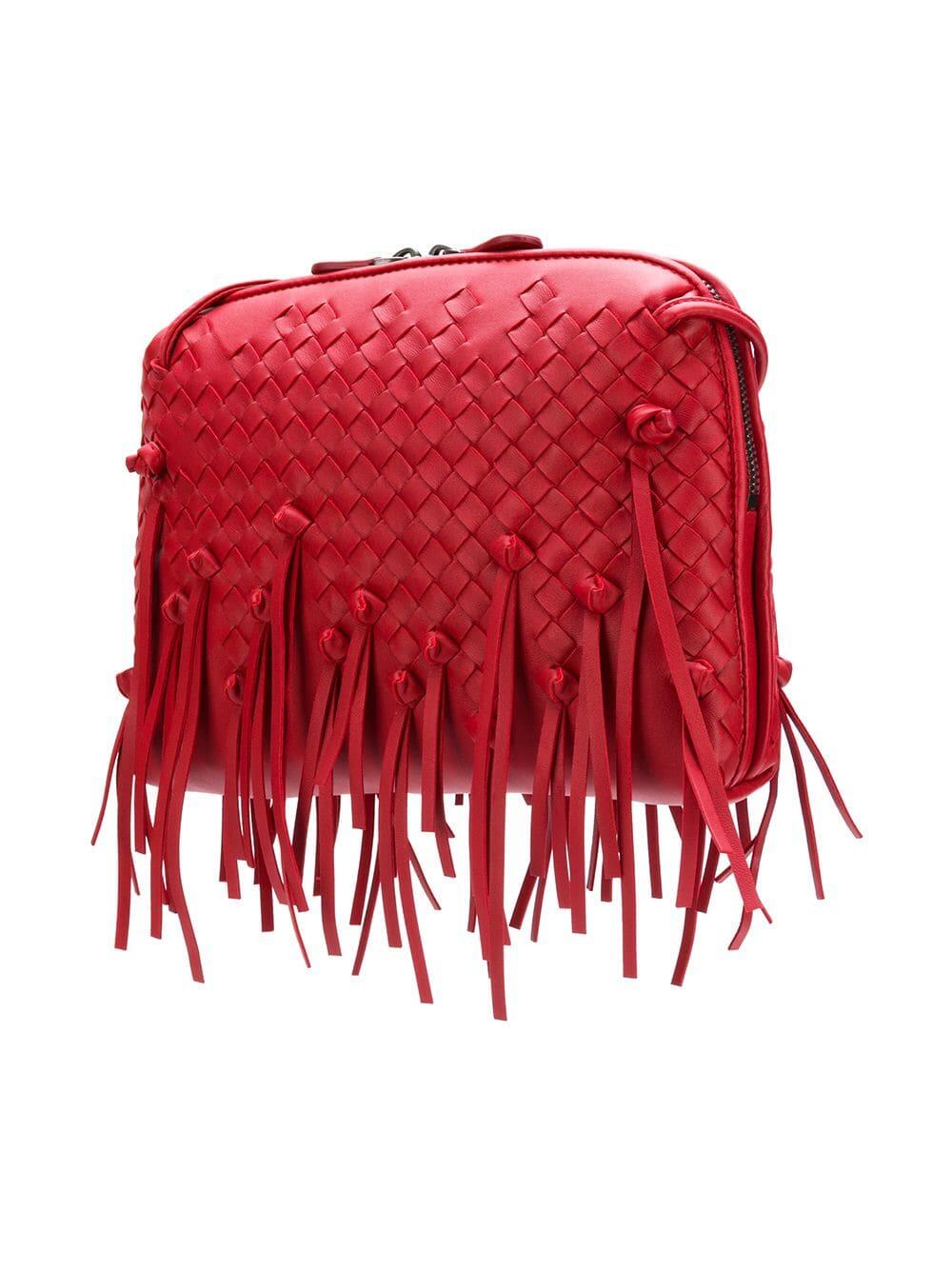 Bottega Veneta - Pillow Red Woven Leather Fringe Crossbody