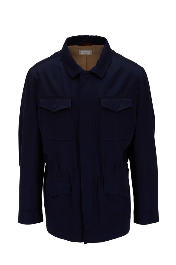 Brunello Cucinelli Navy Tonal Stripe Cotton Safari Jacket - view 1