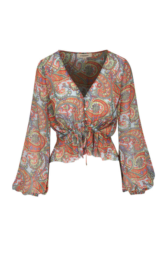 L'Agence - Pixie Light Blue Paisley Print Drawstring Blouse