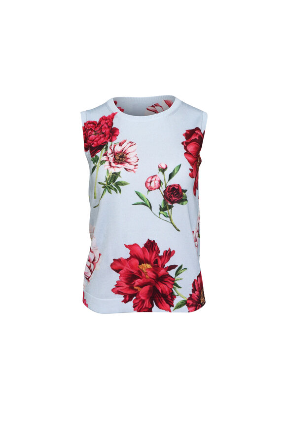 Oscar de la Renta Light Blue Peony Print Knit Tank