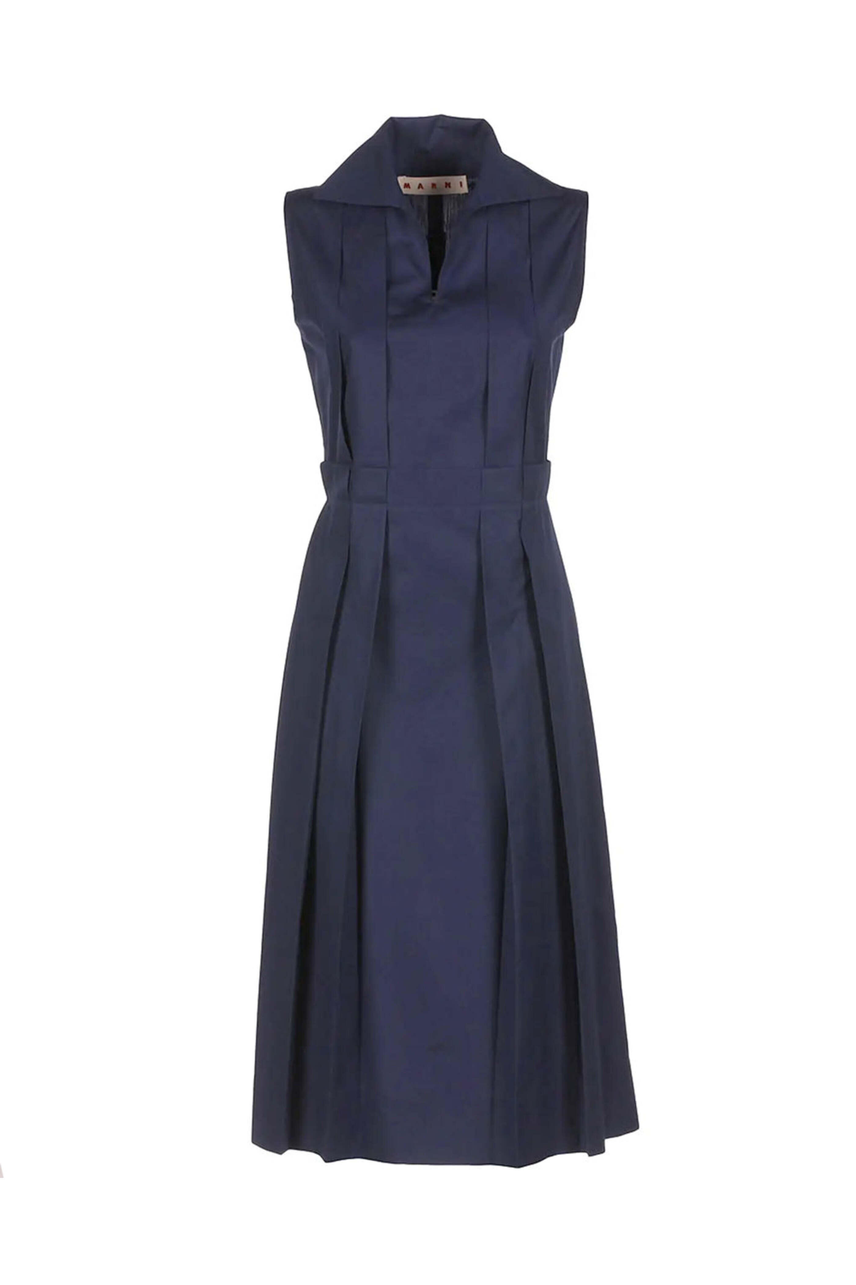 Marni - Navy Pleated Cotton V-Neck Tennis Dress