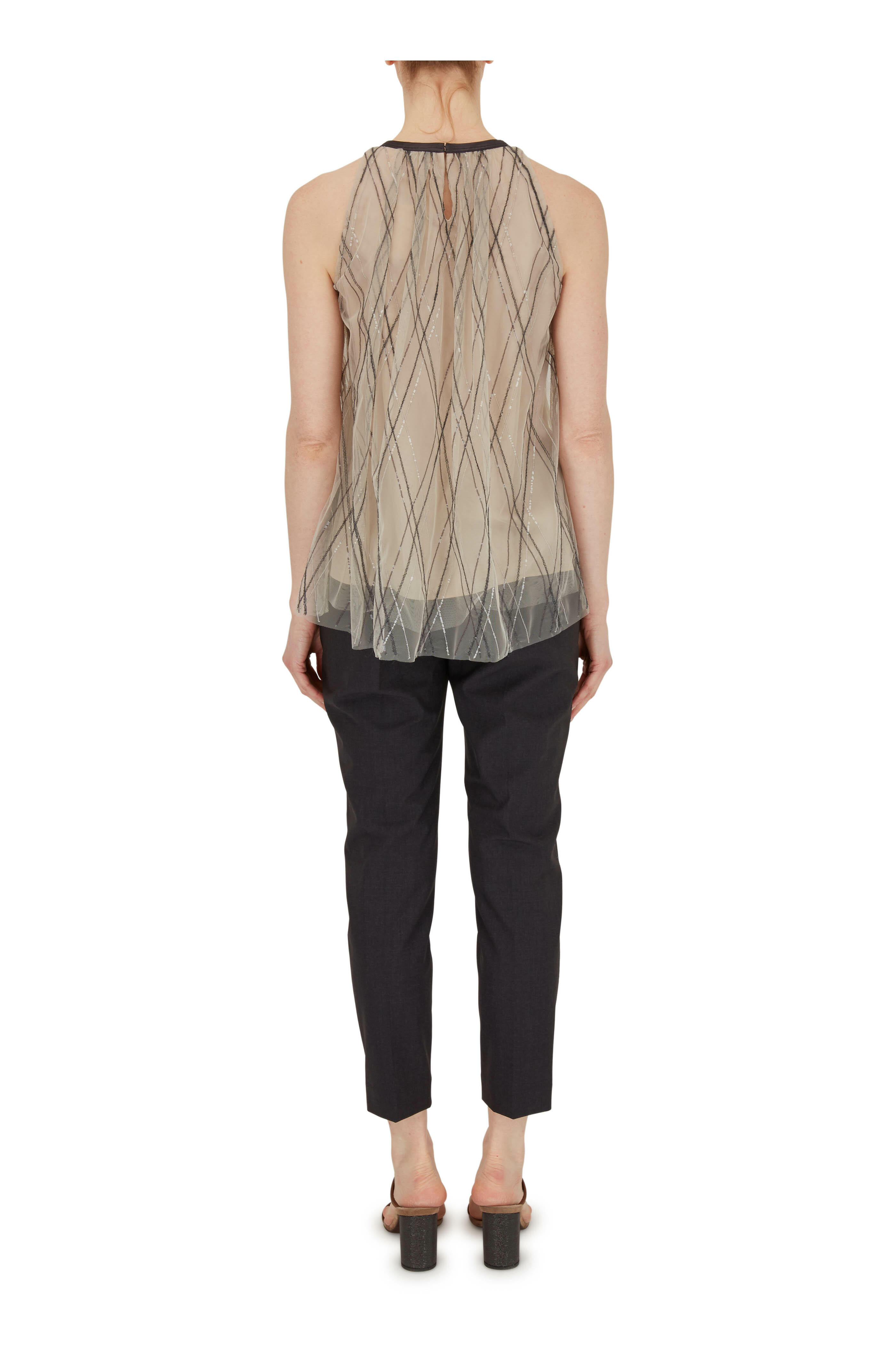 Brunello Cucinelli - Oat Diamond Embroidered Tulle Sleeveless Blouse