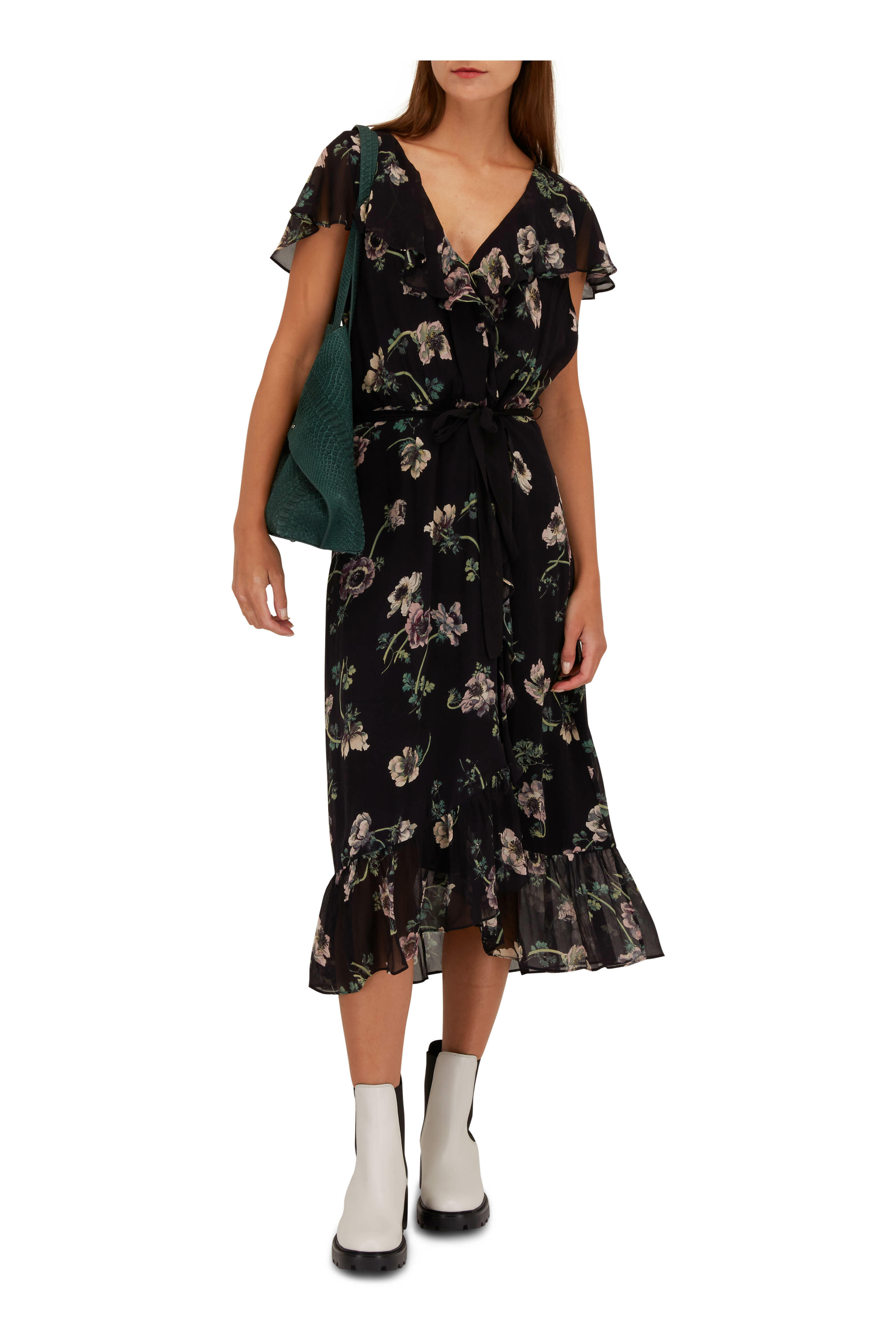 Paige - Palisades Black Floral Print Silk Midi Dress