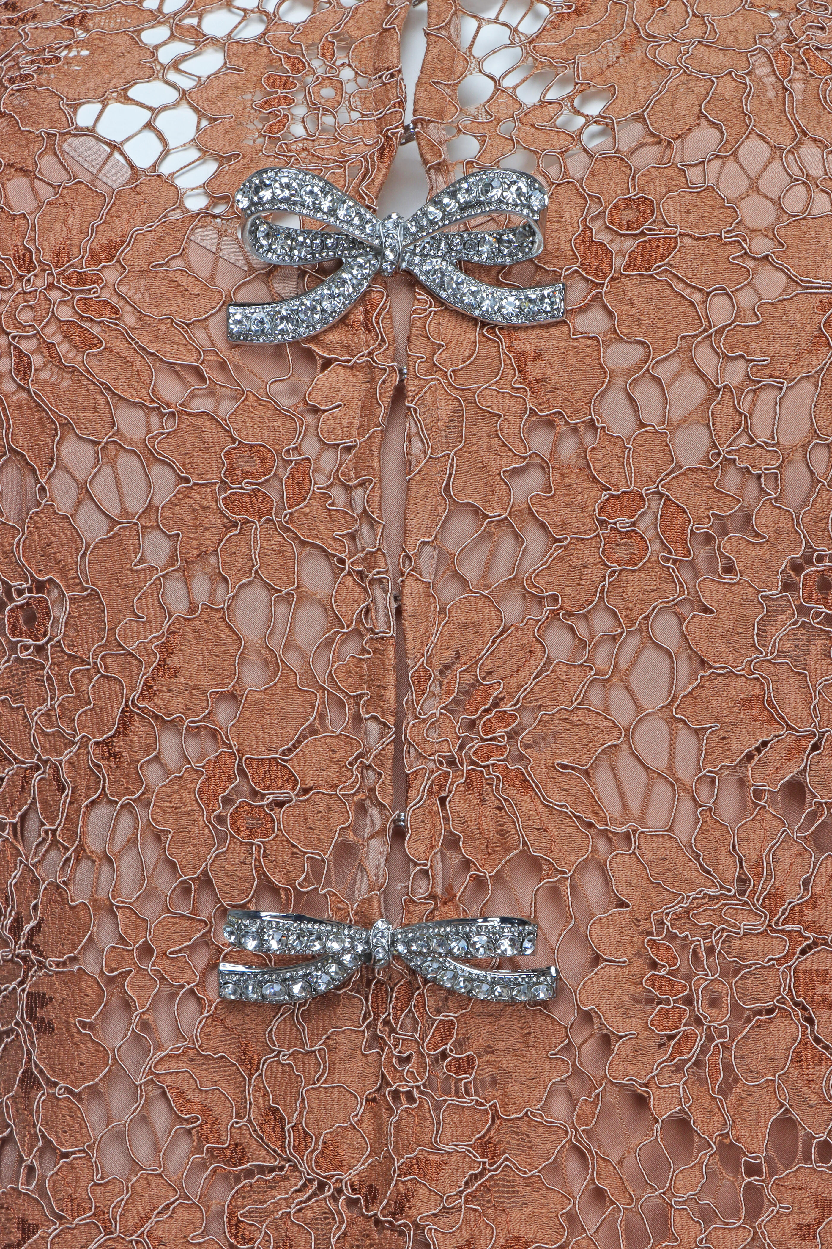 Self - Portrait - Tan Lace Bow Broach Mini Dress