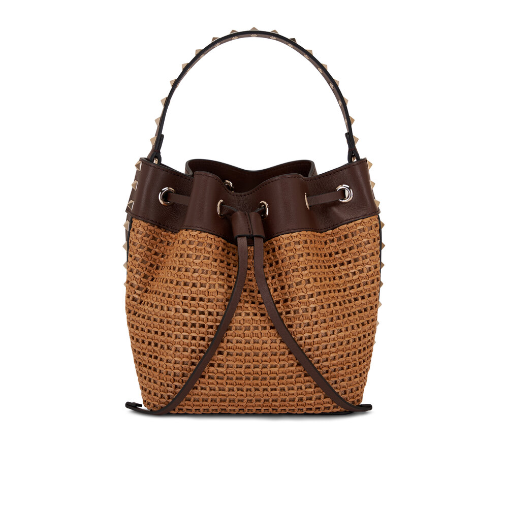 Valentino Garavani - Brown Raffia & Leather Rockstud Bucket Bag