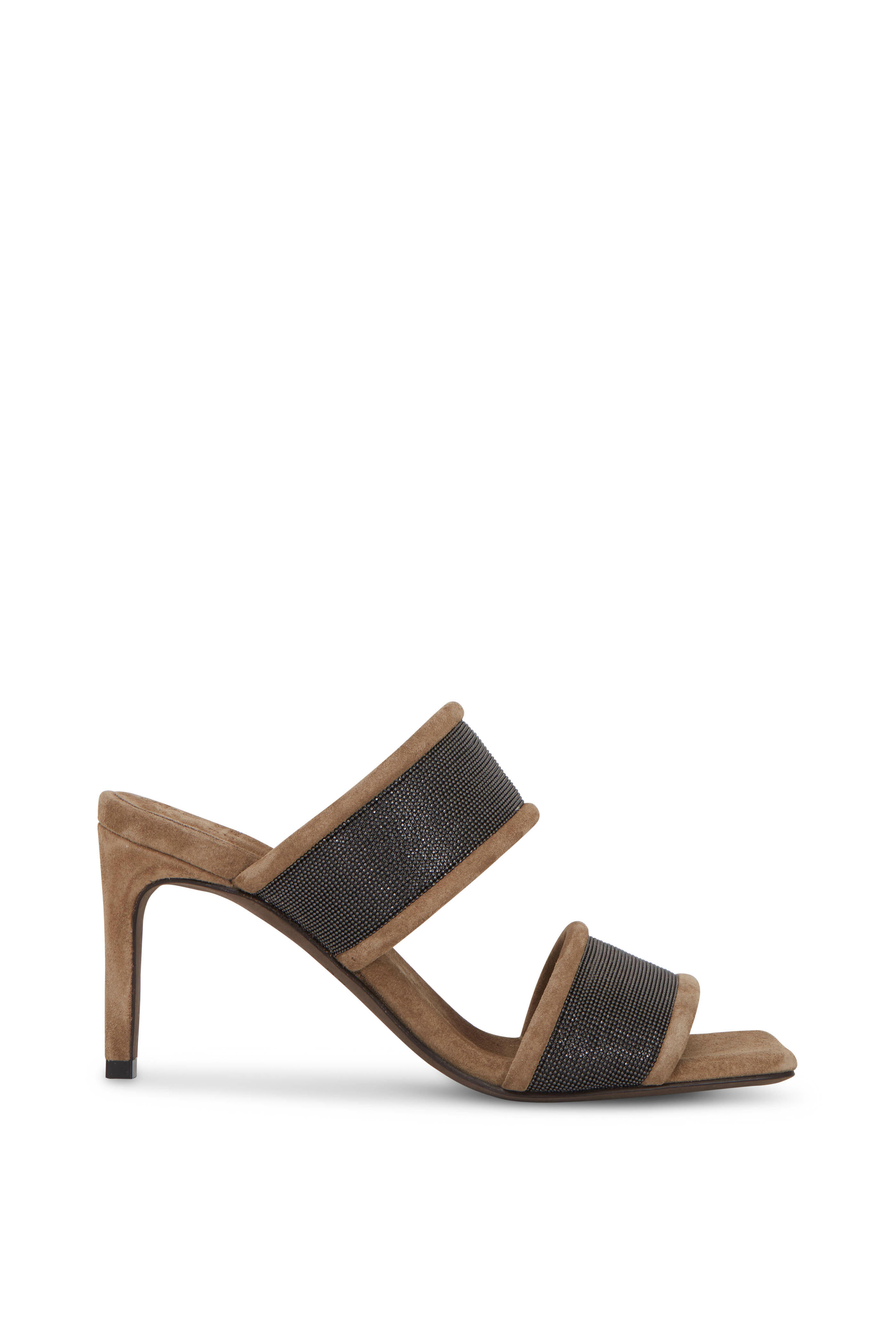 Brunello Cucinelli - Brown Suede & Monili Two Band Slide, 80mm
