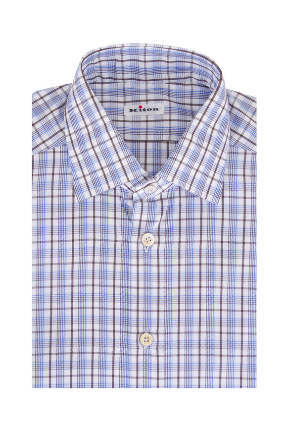 Kiton Blue & Brown Check Cotton Dress Shirt