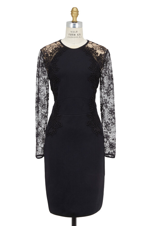 Elie Saab - Black Stretch Knit Lace Sleeve & Back Dress 